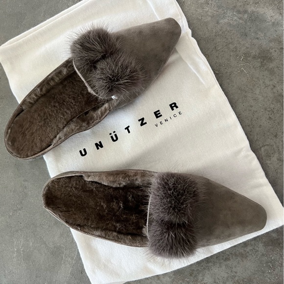 Unützer Venice Audrey Suede Mule with Mink Bow & Lambskin Lining - Picture 6 of 6